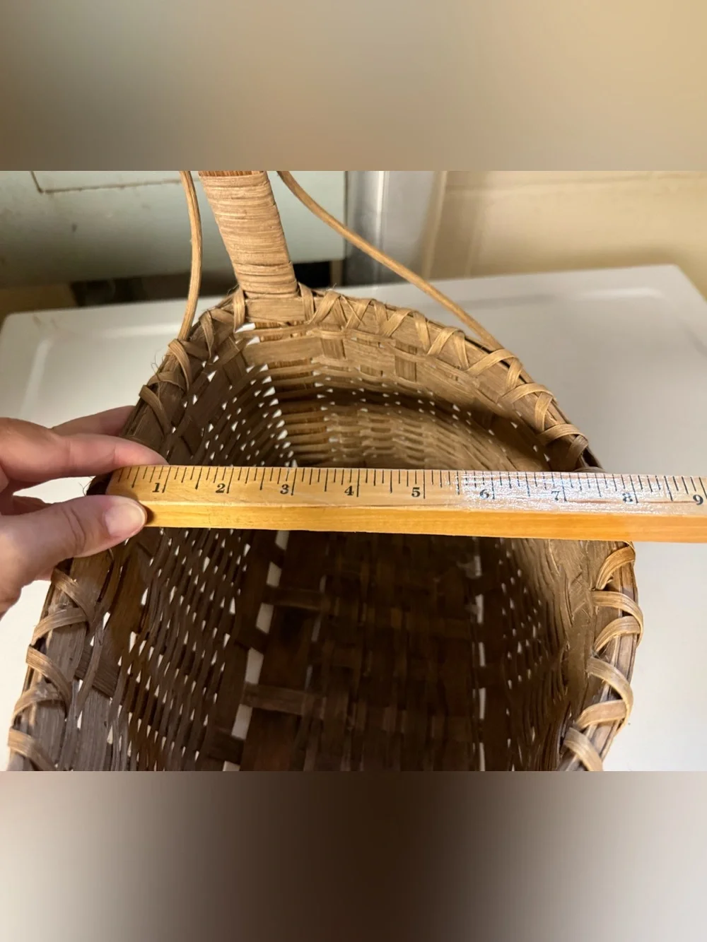 Vintage Hand Crafted Natural Tan Woven Basket with Handle Rustic